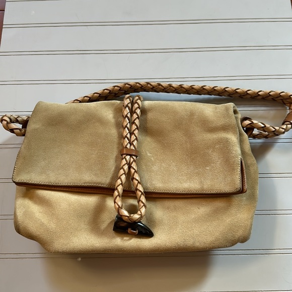 BURBERRY Haymarket Tan Suede Leather Braided Bag - Picture 2 of 5